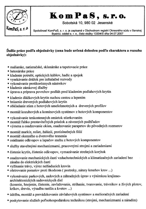 Ponuka prác spoločnosti KomPaS, s.r.o.